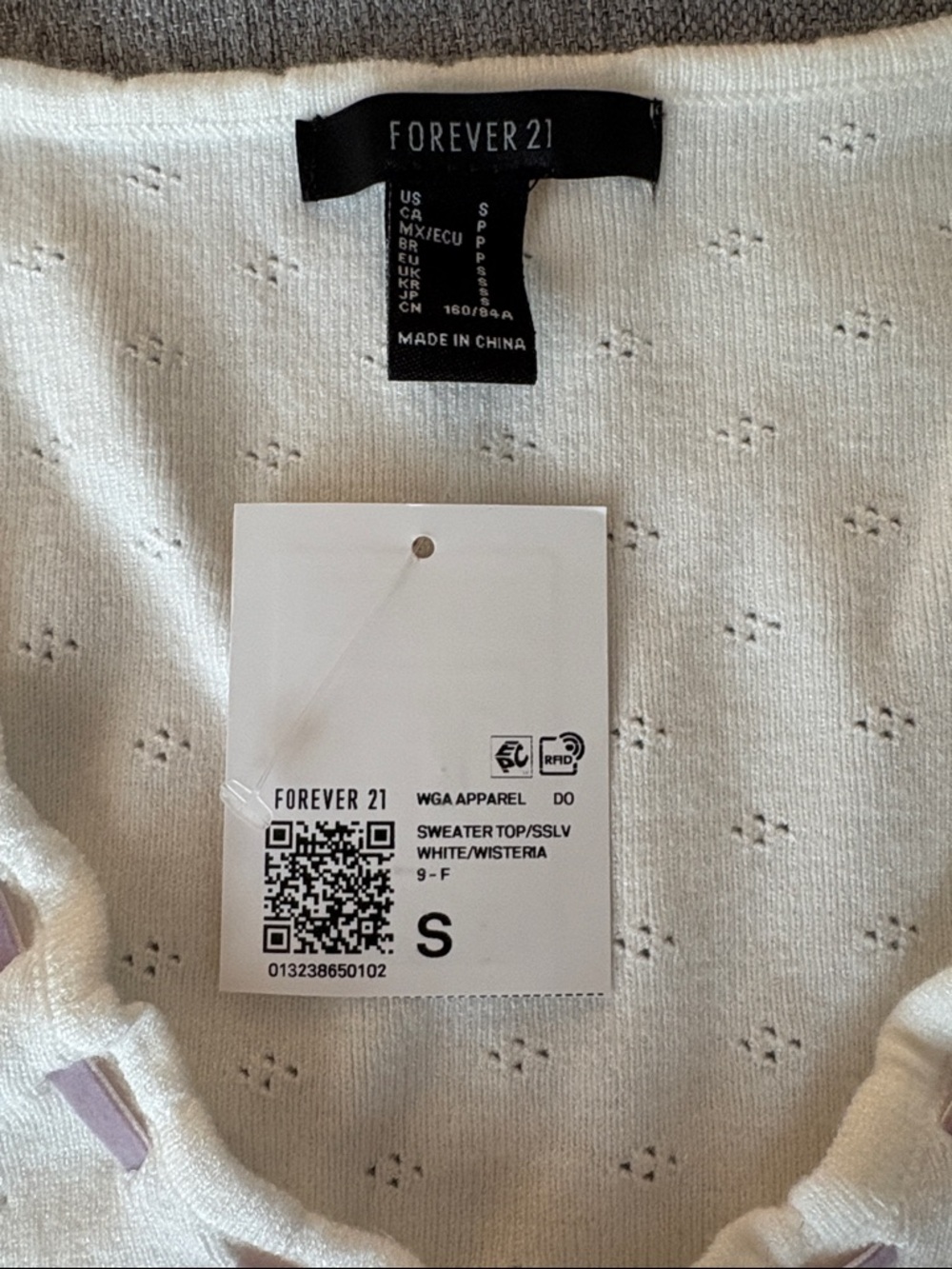Forever 21 Cream Short Sleeve Knit Top with Lavender Ribbon Tie - Picture 2 of 3